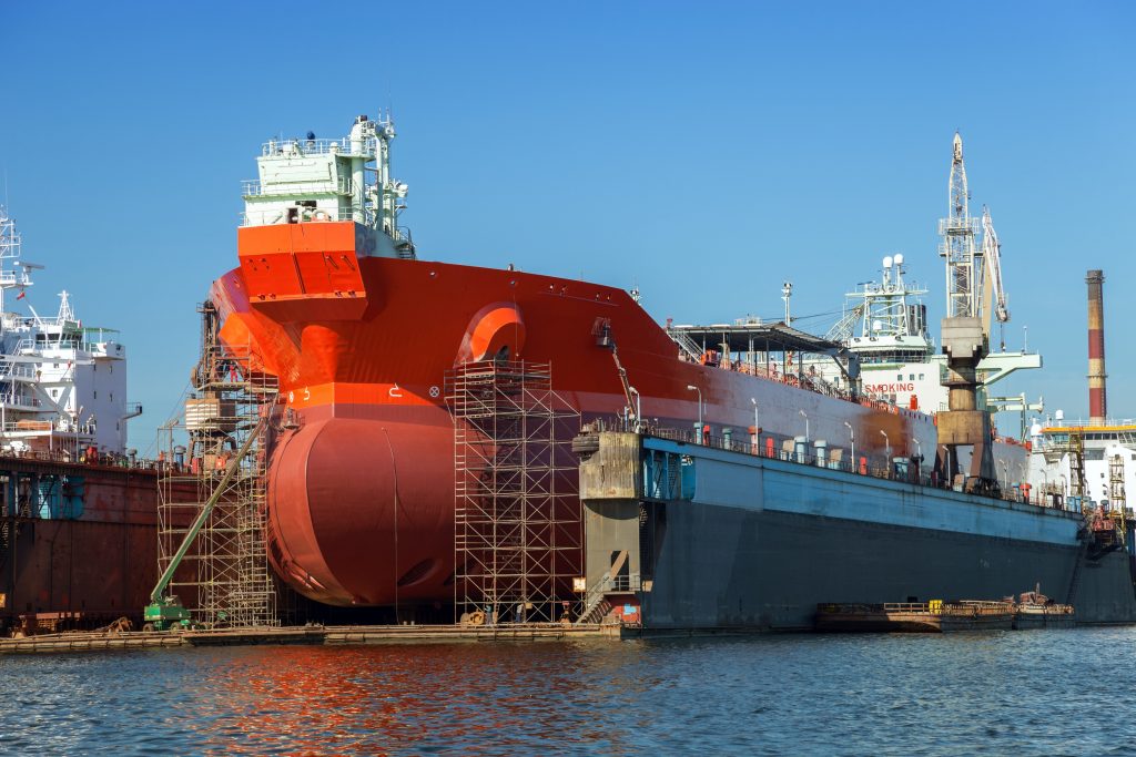 A large tanker repairs in dry dock Shipyard Gdansk, Poland