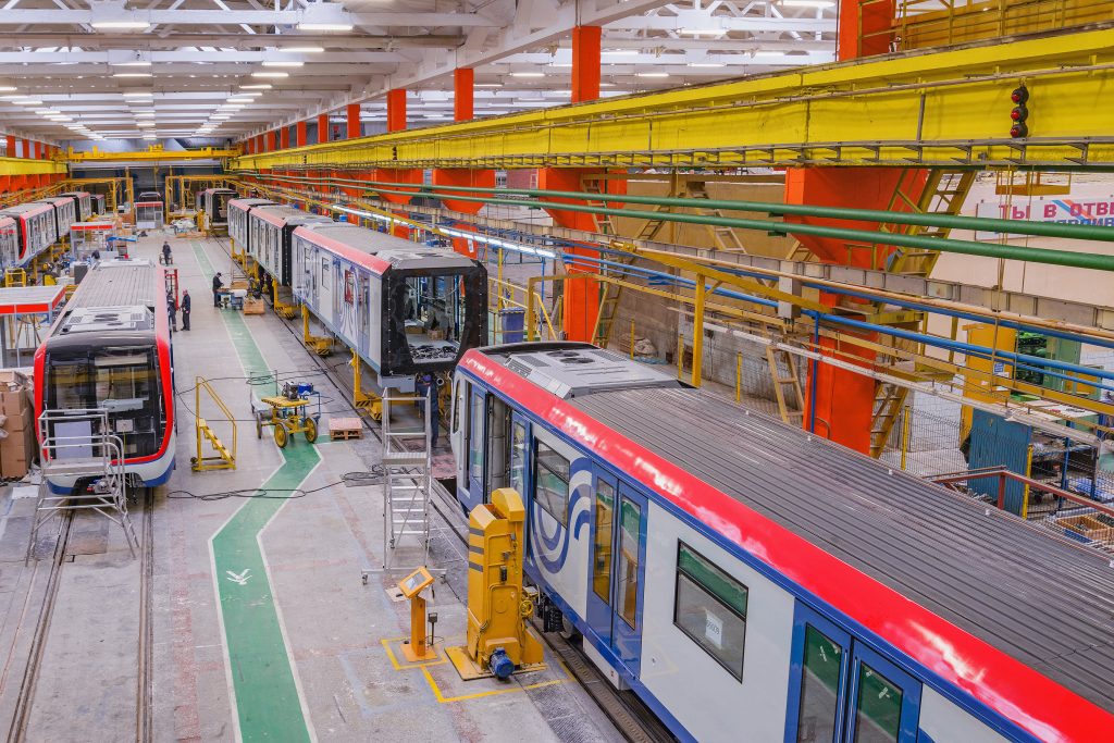 Mytishchi, Russia - February 21, 2017: Rail car assembly plant for the metro trains. Mytishchi Metrovagonmash factory.