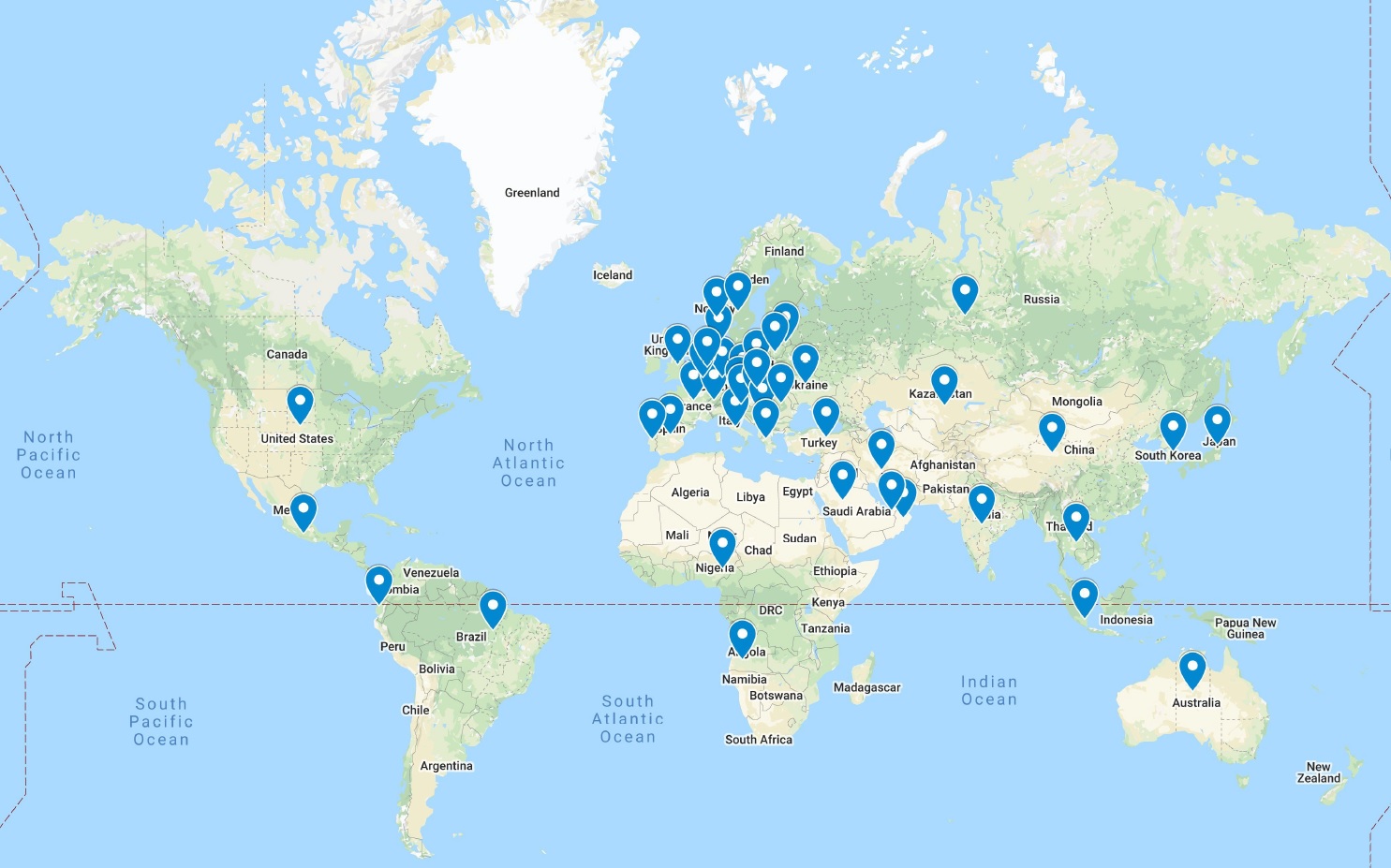 Morello global presence on a worldmap